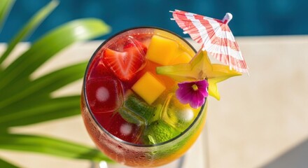 Refreshing fruit cocktail with garnish and umbrella for refreshment