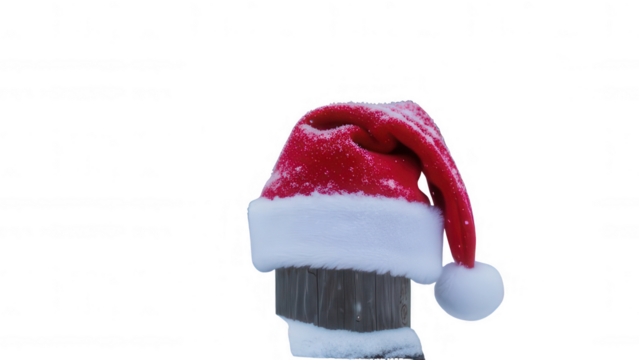 Santa hat with snow resting on wooden post isolated isolated on transparent background