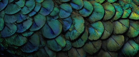 The Peacock Plumage Macro Close Up Revealing Iridescent Green and Blue Layered Feathers