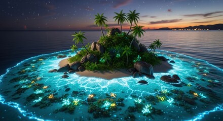 Bioluminescent tropical island paradise at twilight