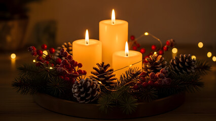 Festive christmas advent wreath with burning candles and holiday decorations