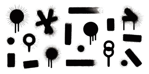Collection of black spray paint elements on a white isolated background