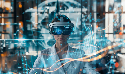 Woman wearing virtual reality headset surrounded by digital graphs, futuristic technology for data analysis