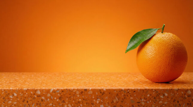 A minimalist composition of a single orange on an orange countertop against an orange background. Vitamin C promotional image. A healthy diet. Ample copy space.