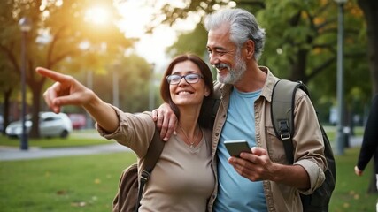 Smiling mature couple enjoying a day outdoors in a park, using a smartphone for navigation. Woman pointing ahead while the man holds a mobile, both looking cheerful and adventurous.