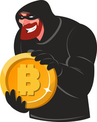 Thief in black mask holds Bitcoin cryptocurrency