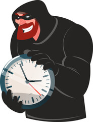 thief in black mask holds watch in hands, stealing time