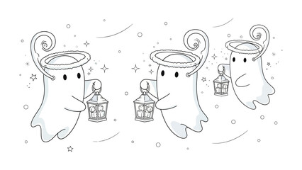 Ghostly Gathering: Charming illustrations of playful ghosts with whimsical lanterns float through a starlit night, embodying the spirit of Halloween. 
