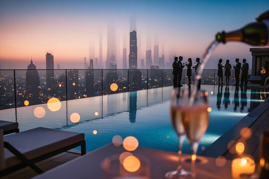 A rooftop pool party at dusk with silhouetted guests celebrating against a city skyline, featuring champagne being poured into glasses and warm bokeh lights in the foreground.