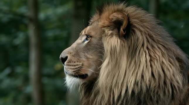 A regal lion, with a golden mane, gazing ahead, set against a blurred green backdrop