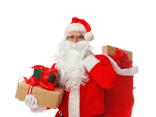 Santa Claus with bag and gifts on white background. Merry Christmas and Happy New Year