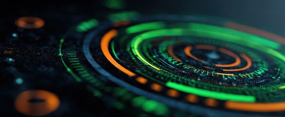 The circular digital interface with neon green and orange futuristic HUD elements