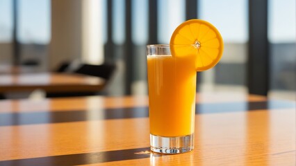 Fresh orange juice in glass on wooden table in sunlight