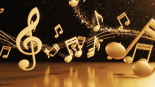 Golden musical notes soar among celestial rocks, creating a stunning cosmic symphony of art and space