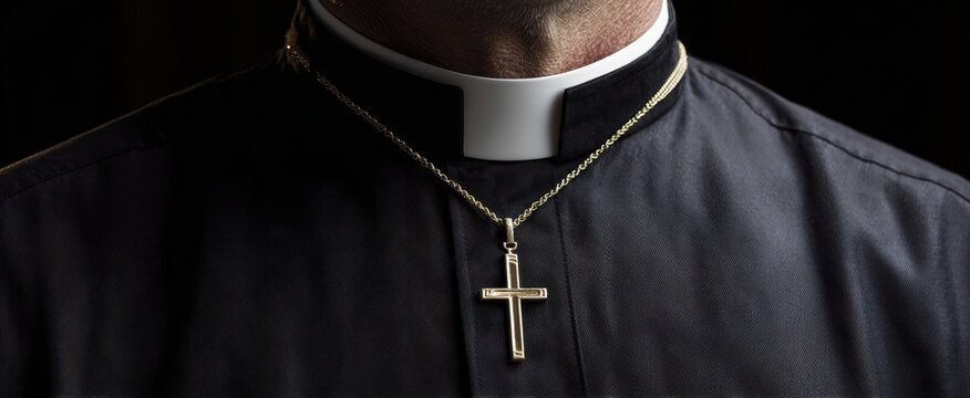 The Priest's Gold Cross Necklace and Clerical Collar in Dramatic Lighting