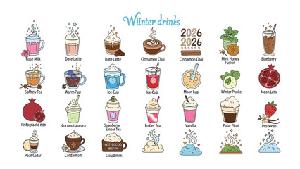 Winter Drinks Menu: A visual guide to warm, comforting beverages, each drink meticulously crafted and showcased. Infused with creative flair and the promise of cozy moments.