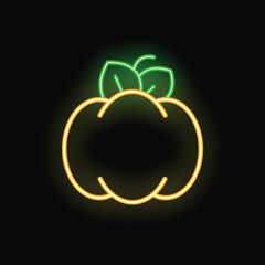 Bright neon sign depicting a pumpkin with glowing green leaves, perfect for halloween and fall themed designs