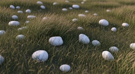 White stones scattered in tall green grass for nature scenes and backgrounds
