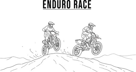 Two enduro racers speeding over a dirt track in a black and white illustration