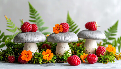 Mushrooms, Raspberries, Flowers, Nature