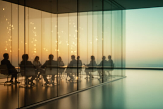 Silhouettes of business people in a modern conference room with glass walls, meeting during sunset with a warm glow and bokeh lights. - Powered by Adobe