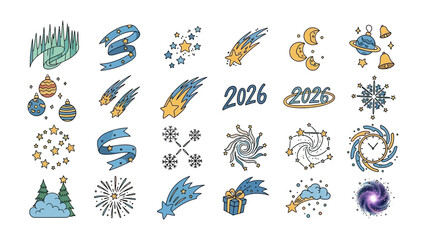 Whimsical Festive Icon Set: A collection of charming hand-drawn illustrations that radiate the joy and anticipation of the holiday season, with a touch of cosmic wonder. 
