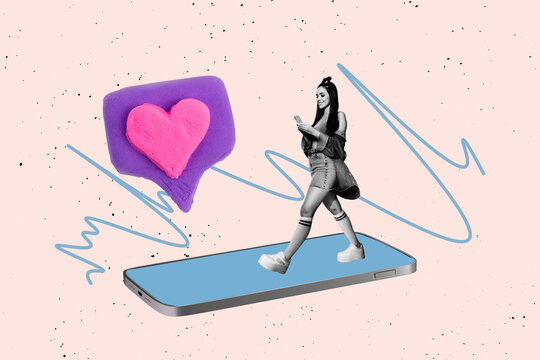 Banner sketch image photo collage of happy blogger girl walk phone device heart notification feedback social media reaction