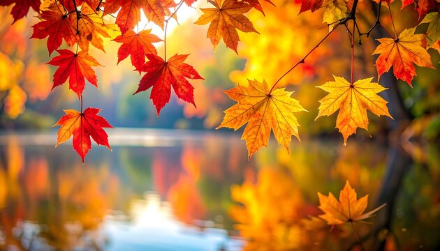 Vibrant autumn leaves frame a serene lake reflecting the warm, golden sunlight and colorful foliage in a blurred forest backdrop - Powered by Adobe