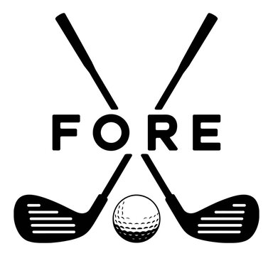 Golfing &ldquo;Fore&rdquo; word design featuring crossed clubs and central golf ball, creating a bold athletic emblem ideal for sports graphics, apparel prints, tournament branding, signage, and modern vector art
