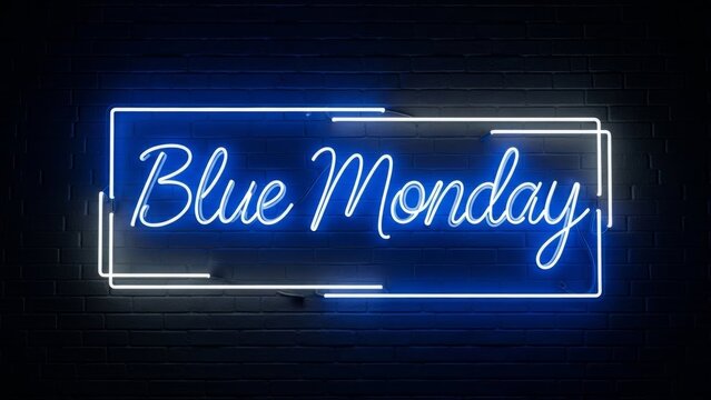Blue monday neon sign on dark brick wall background for urban design