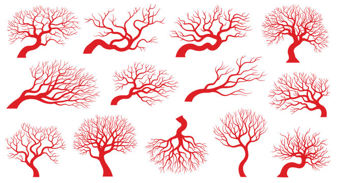 A collection of stylized red tree silhouettes with bare, intricate branching patterns, depicting nature in winter or autumn for design projects.