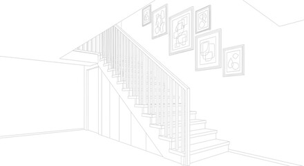 Staircase with modern art in a minimalist interior design sketch illustration