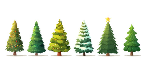 Collection of diverse evergreen trees in various shapes and sizes with a white background
