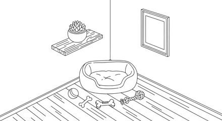 Cozy dog corner with bed toys succulent and artwork in a stylish home scene