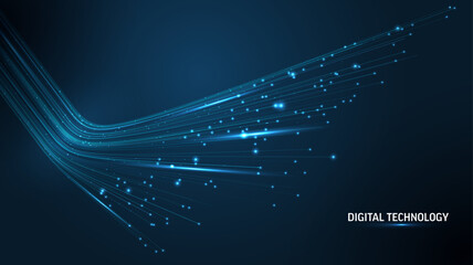 Obraz premium 3D High Speed Light Trails. Digital Flow Vector Background. Big Data Technology Lines Fast Wireless Data Transmission. Information in Virtual Reality. 6g Vector Illustration. Artificial neural network