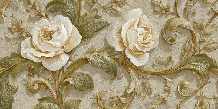 Elegant vintage floral wallpaper with embossed roses and intricate scrolling foliage patterns