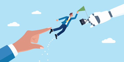 Businessman launched by human hand towards robot hand holding flag and briefcase