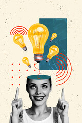 Composite sketch design photo collage of portrait young lady smile finger point up idea lamp think...