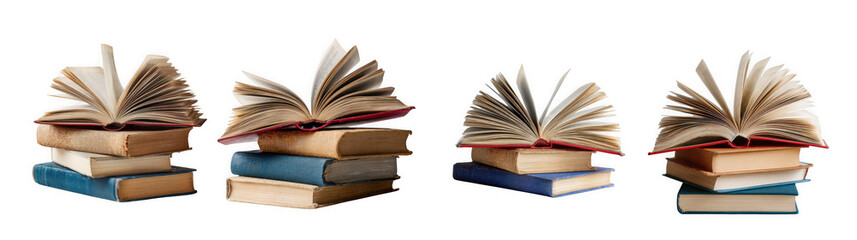 Fototapeta premium Four stacks of antique books decorated with feathers and ribbons isolated on transparent background