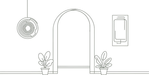Minimalist interior scene with arched doorway plants and modern wall decorations