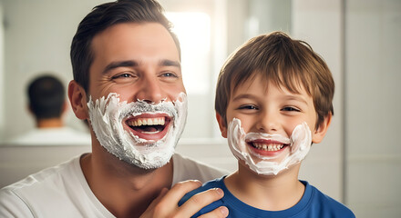 Father and son laughing with shaving cream on faces in bathroom child