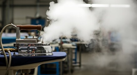 Vintage steam iron billowing with hot vapor in a professional tailoring workshop, a powerful image for dry cleaning, textile care, and clothing manufacturing