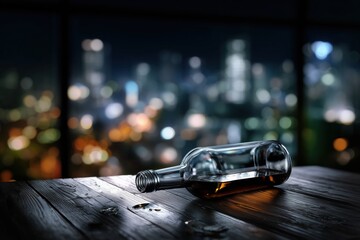 Reflections of a city skyline with a glass bottle on a wooden table at night. The concept of alcoholism and bad habits