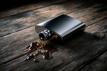 Metal flask spills liquid on a wooden surface with dramatic lighting. The concept of alcoholism and bad habits