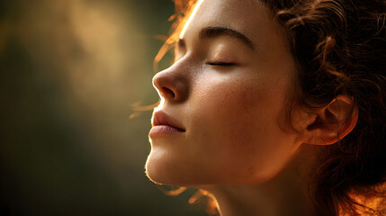 Person closing eyes facing warm sunlight feeling peace and self reflection 