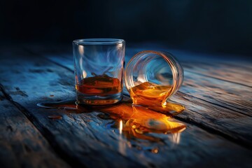 Whiskey glass spilled on wooden table at night with warm lighting creating a dramatic atmosphere. The concept of alcoholism and bad habits