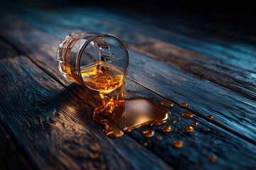 Whiskey spills from a glass on an old wooden table. The concept of alcoholism and bad habits