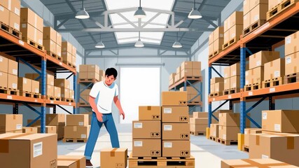 A person lifts and moves boxes in a wide warehouse setting filled with shelves. - Powered by Adobe