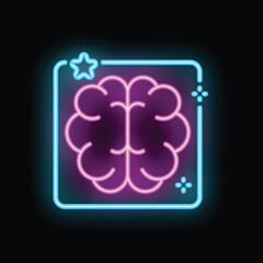 Neon sign of a pink brain glowing inside a light blue box, on a black background