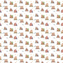 A seamless festive pattern featuring repeating gingerbread houses, candy decorations, stars, and holly leaves arranged